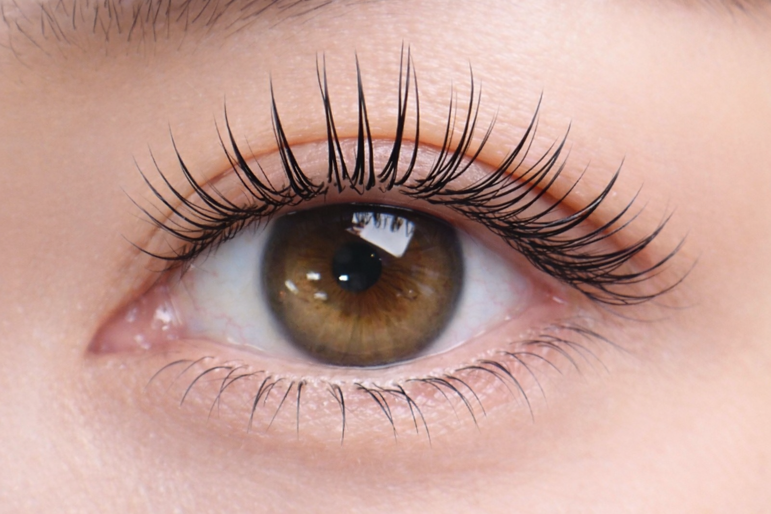 Close-up of a Japanese model's eye showcasing a natural, refined result after a professional lash lift treatment.